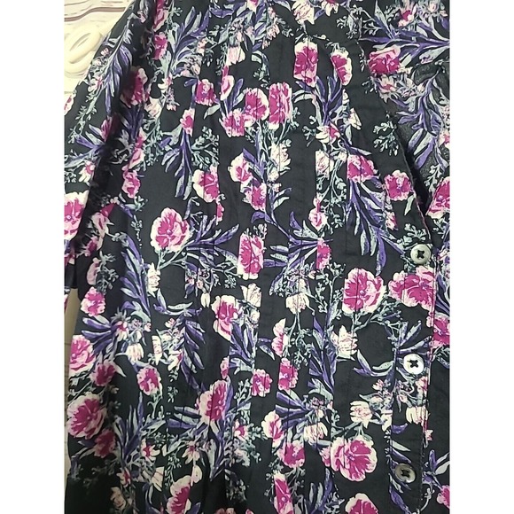 Roaman's Black Floral Print Button Front Roll Tab Sleeve Top Womans Size 18W - Picture 3 of 5